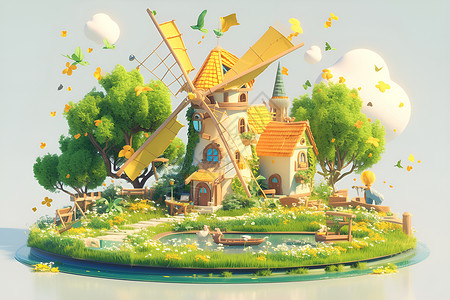 荷兰风车插画草地上的风车插画