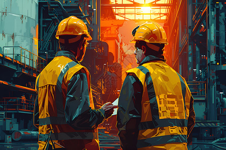 钢结构车间两名穿着黄色制服的工人插画