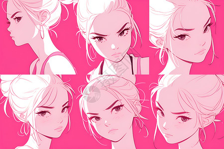 色表情多种发型和发色的女性插画