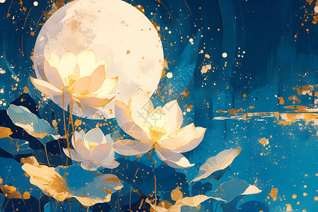 艺术花卉月色下的莲花池插画