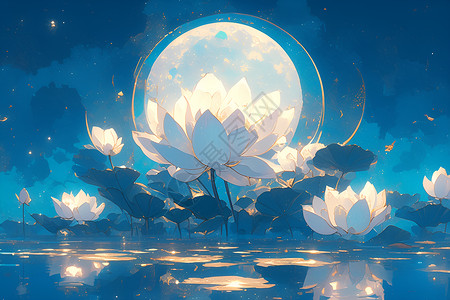 莲花盛开月色下的和谐之美插画