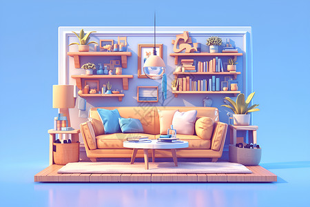 家居简洁背景简洁风格的沙发套装与书架插画