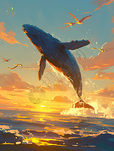 冲出蓝鲸从海面上跃出插画