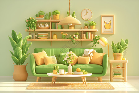 简约书架简约风格下的绿色沙发植物插画