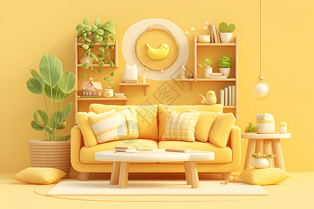 家居色彩黄色沙发的空间设计插画