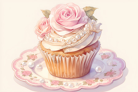 玫瑰蛋糕精美的杯子蛋糕插画