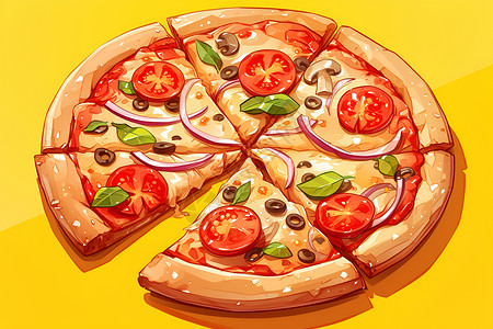 切成半片的番茄披萨高清图片