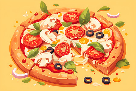 切披萨美味的披萨切半了一角插画