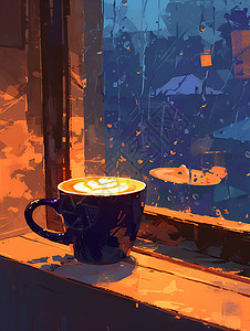 窗户雨雨中窗边的温暖咖啡插画