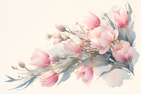 清新花卉植物水彩粉色郁金香插画