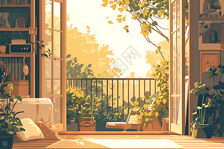 弧形阳台温暖宁静的家居和植物插画