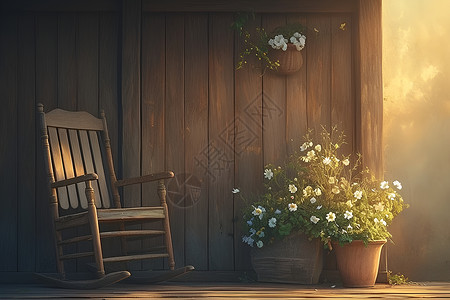 木屋前的花盆和椅子插画