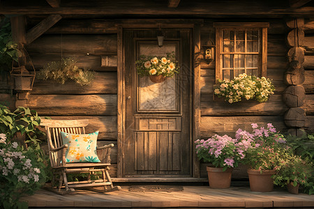 轻型木屋房子前的椅子和花盆插画