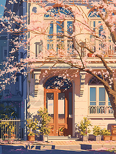 城市建筑下的樱花树背景图片