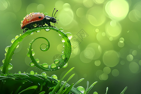 甲壳纲绿叶上的瓢虫插画
