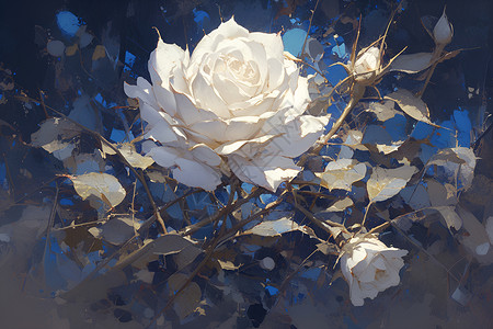 荆棘花夜晚的白色玫瑰花插画