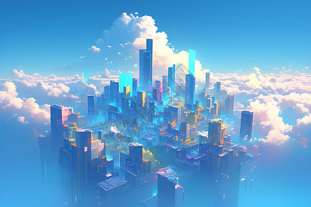盖大楼蓝天下的梦幻城市插画