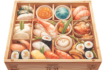 满盆海鲜素材盛满各种寿司插画