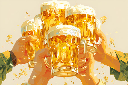 啤酒碰杯欢快的人群举杯狂欢插画
