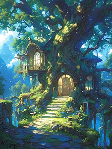 童话般的树屋世界背景图片