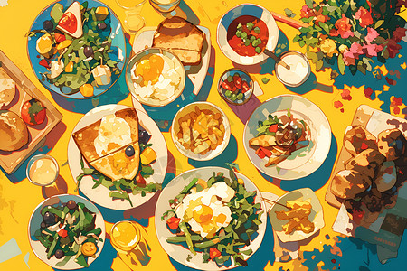 桌子上大餐色彩鲜艳的美食大餐插画