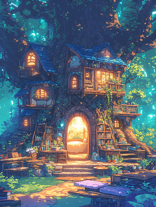 梦幻树屋暗夜森林背景图片