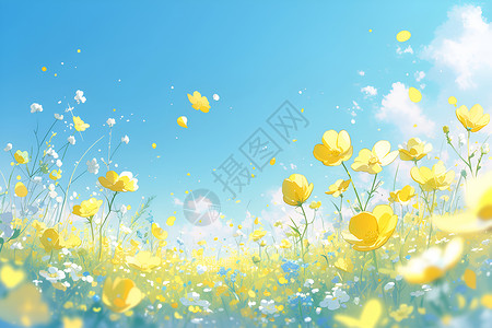 水草地恬淡若水的黄色花海插画