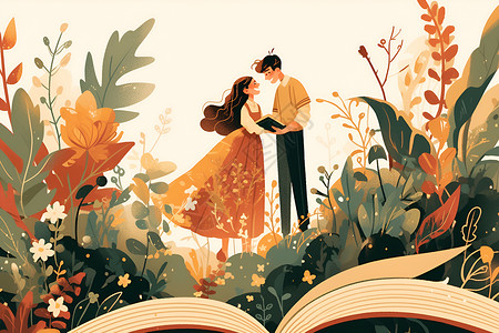 坐板凳上情侣书籍上的情侣插画