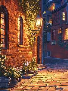 纯色场景夜晚的街道砖墙插画