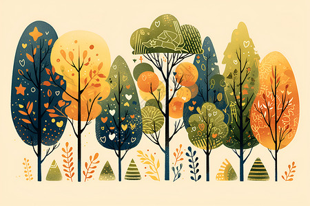 自然背景中一系列可爱树木插画