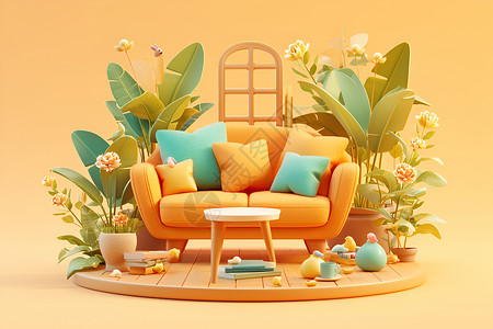 盆栽植物装饰简洁现代的客厅装饰插画