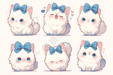 蓝眼睛表情多样的白猫插画
