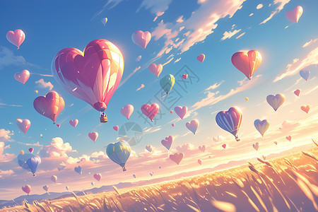 心形云彩天空的心形热气球插画
