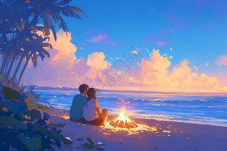 情侣日落海滩篝火旁的情侣插画