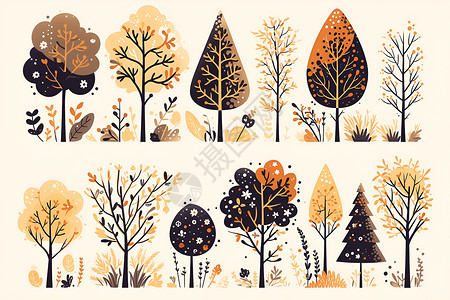 扁平风格树木童话世界的树丛插画
