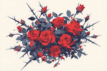 尖刺的美丽荆棘中的玫瑰插画