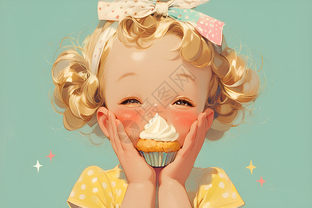 小女孩享用杯子蛋糕背景图片