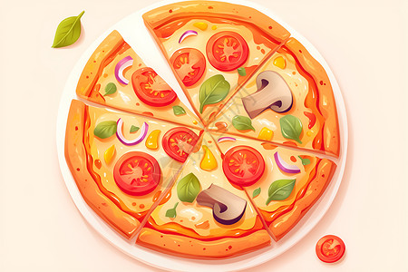 切板和红洋葱美味半切披萨插画