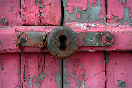 粉红色木门钥匙孔锈蚀高清图片