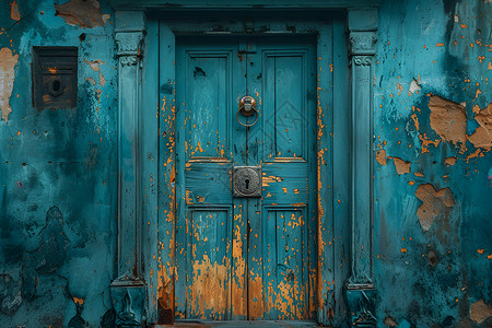 老旧蓝门钥匙孔锈蚀高清图片