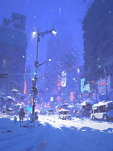 人流汇聚暴雪下的繁华街景插画
