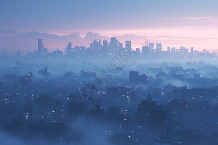 城市建筑黄昏迷雾笼罩的城市插画