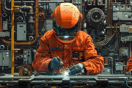 橙色夹克工人焊接众多机械插画