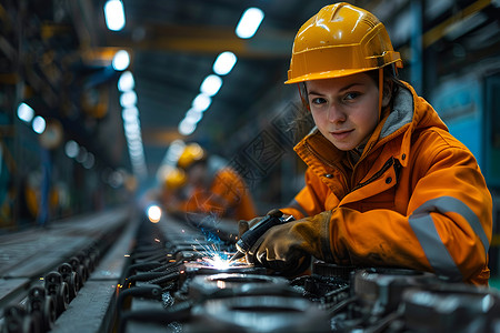 橙色夹克工人在重工业设施上背景