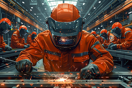 橙色夹克电厂里的工人插画