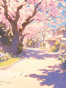樱花树林素材春天里通往公园的入口插画