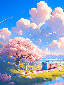 梦幻的春天梦幻的樱花列车插画
