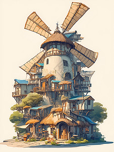 童话里房子房屋间的风车插画