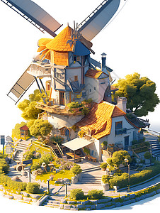 童话里的房子阳光里的风车房插画