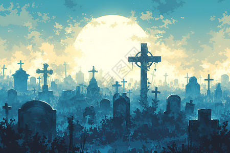 国殇墓园夕阳下的墓园插画